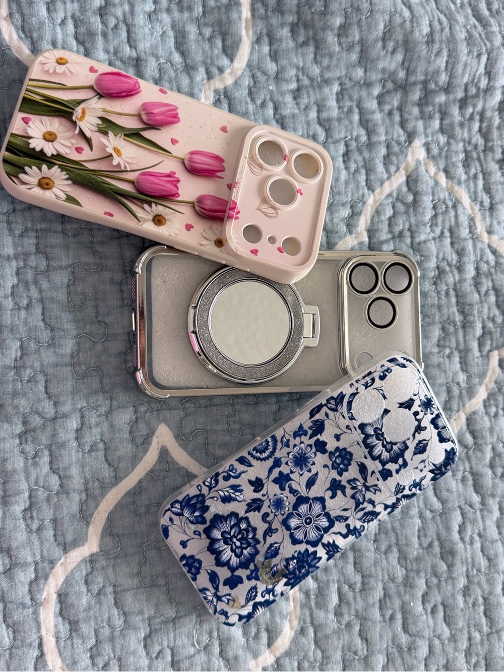 Blue & White Floral Protective Phone Case with Card Grip - Unbranded